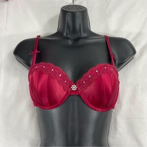 34C Red Embroidered Underwire Lined Push-up Brazier Embellished w/ Diamonds